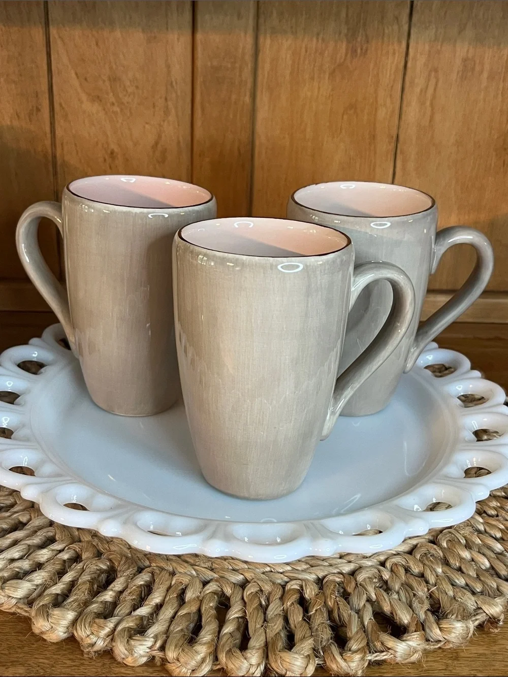 Discontinued Set of 3 Pottery Barn Oversized Mugs- Morning Story- Taupe and Pink